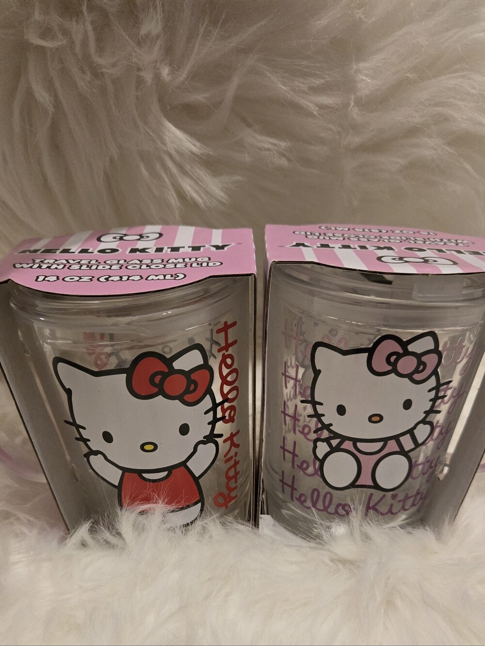 Hello Kitty Pink & Red Character Glass Mugs w/lids